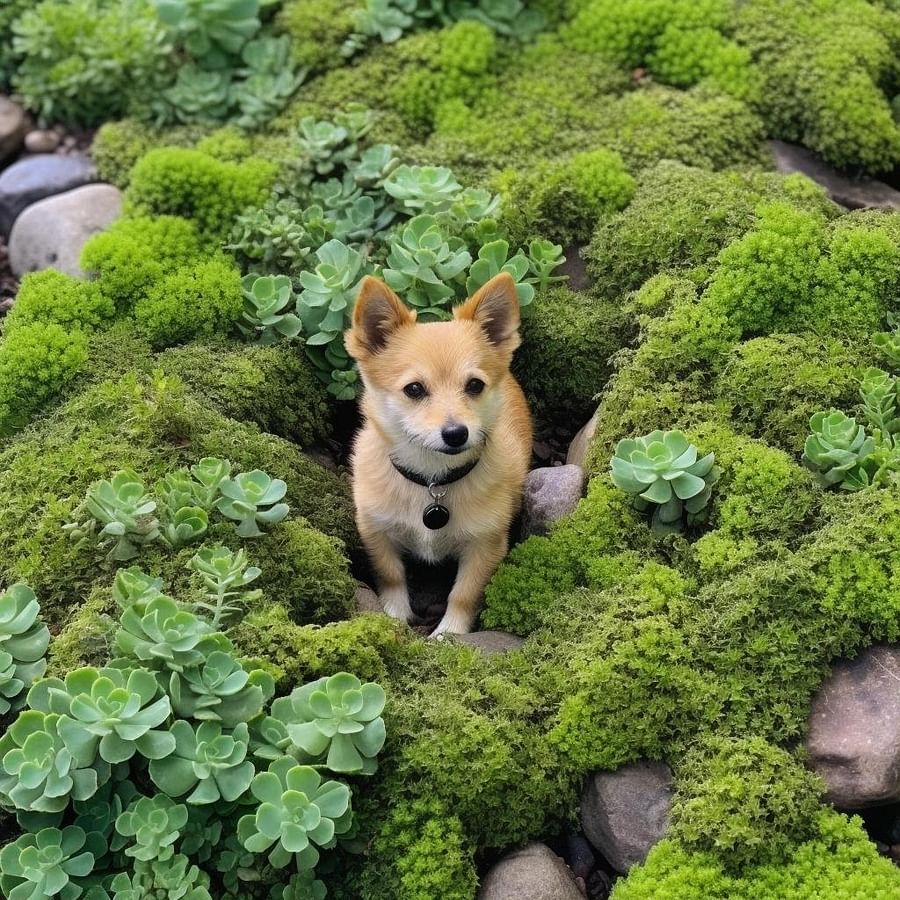 A variety of pet-friendly groundcovers, such as clover, thyme, sedum, creeping Jenny, and chamomile, thriving in different backyard settings, demonstrating their unique textures, colors, and suitability for pets.