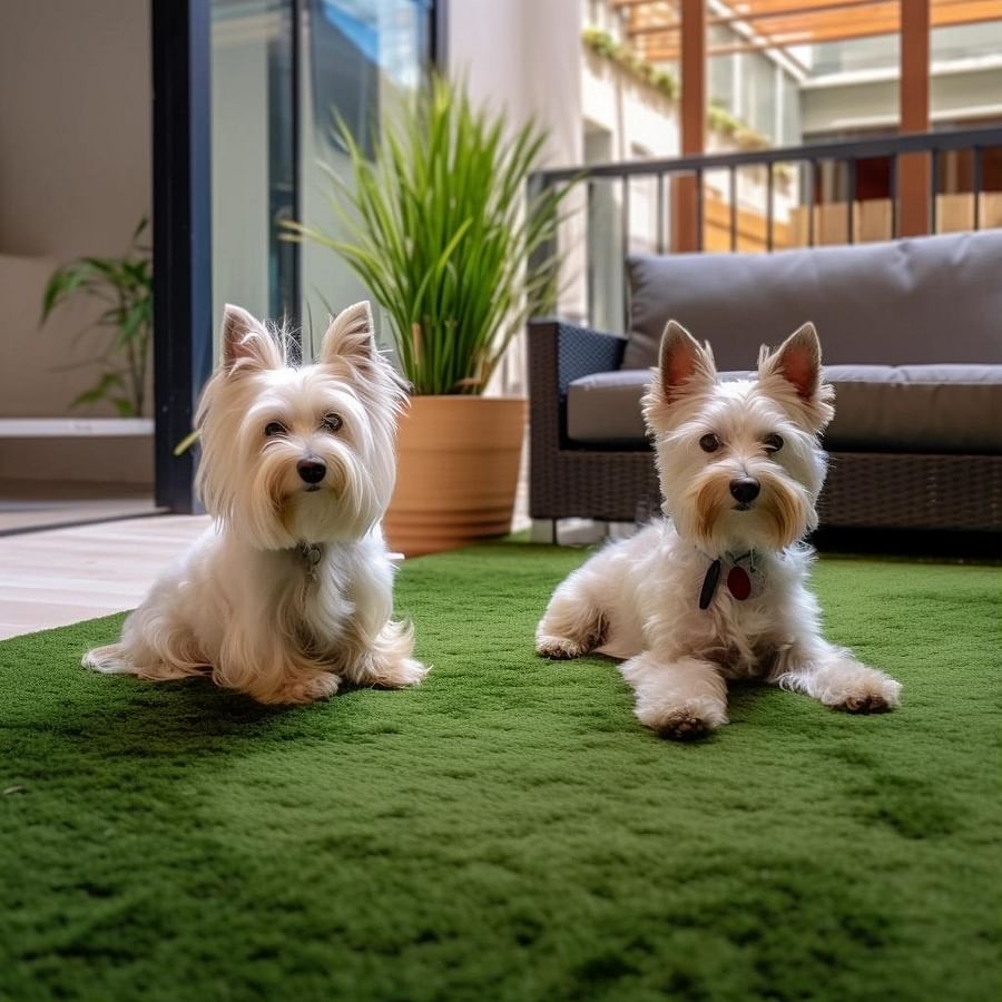 A well-maintained artificial turf with pets enjoying the space