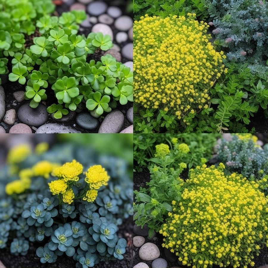 A collage of pet-friendly groundcovers, including clover, thyme, sedum, creeping Jenny, and chamomile, showcasing their unique textures and colors in a backyard setting.