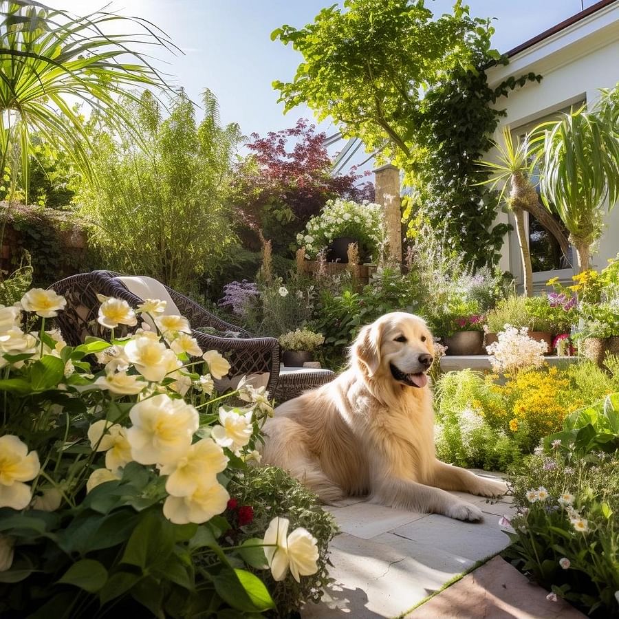 A beautiful pet-friendly garden with a variety of safe plants and features for pets to enjoy