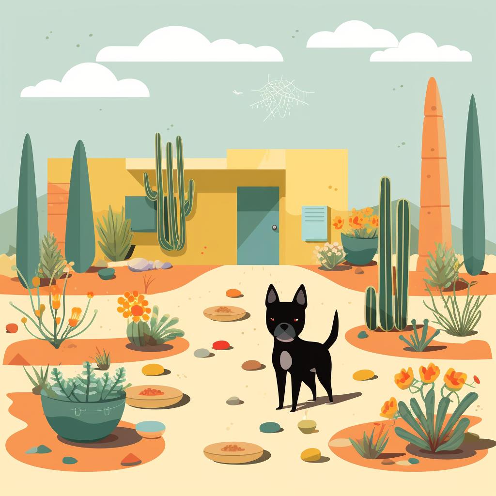 A pet exploring a newly xeriscaped yard