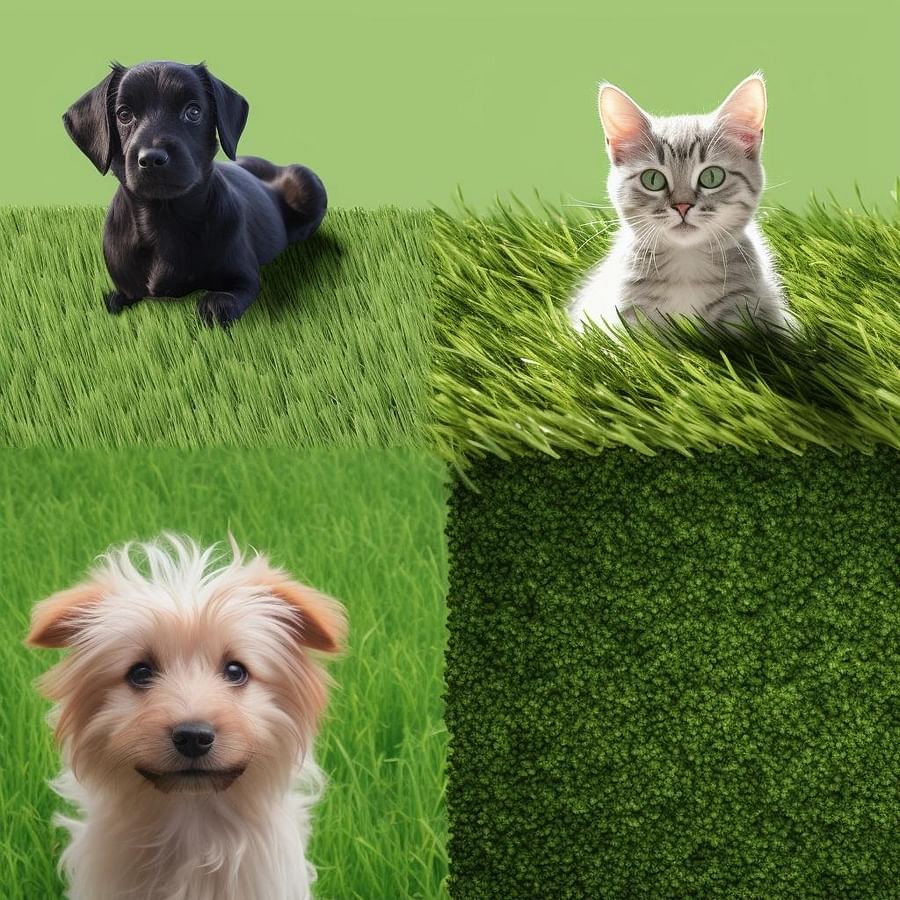 A collage of four different types of pet-friendly synthetic grass: Nylon Grass, Polyethylene Grass, Polypropylene Grass, and Hybrid Grass, with pets playing on each type. Include labels for each grass type, highlighting their unique features and benefits.