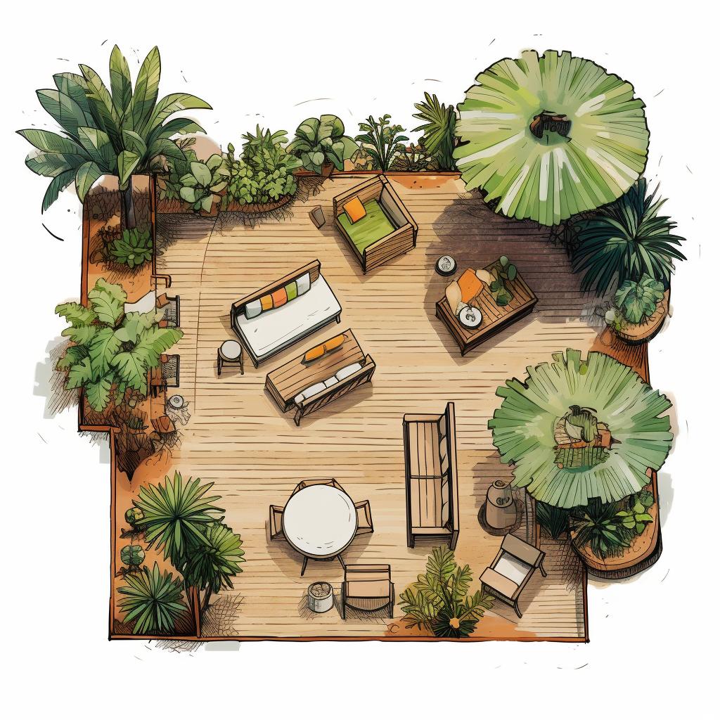A sketch of a yard layout with designated areas for plants, shade, and a drinking spot.