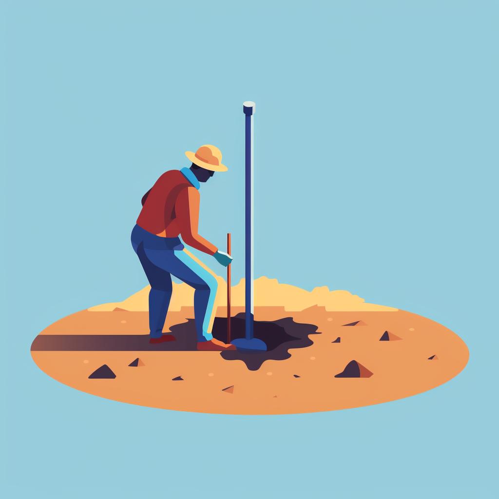 A person digging post holes around the marked area