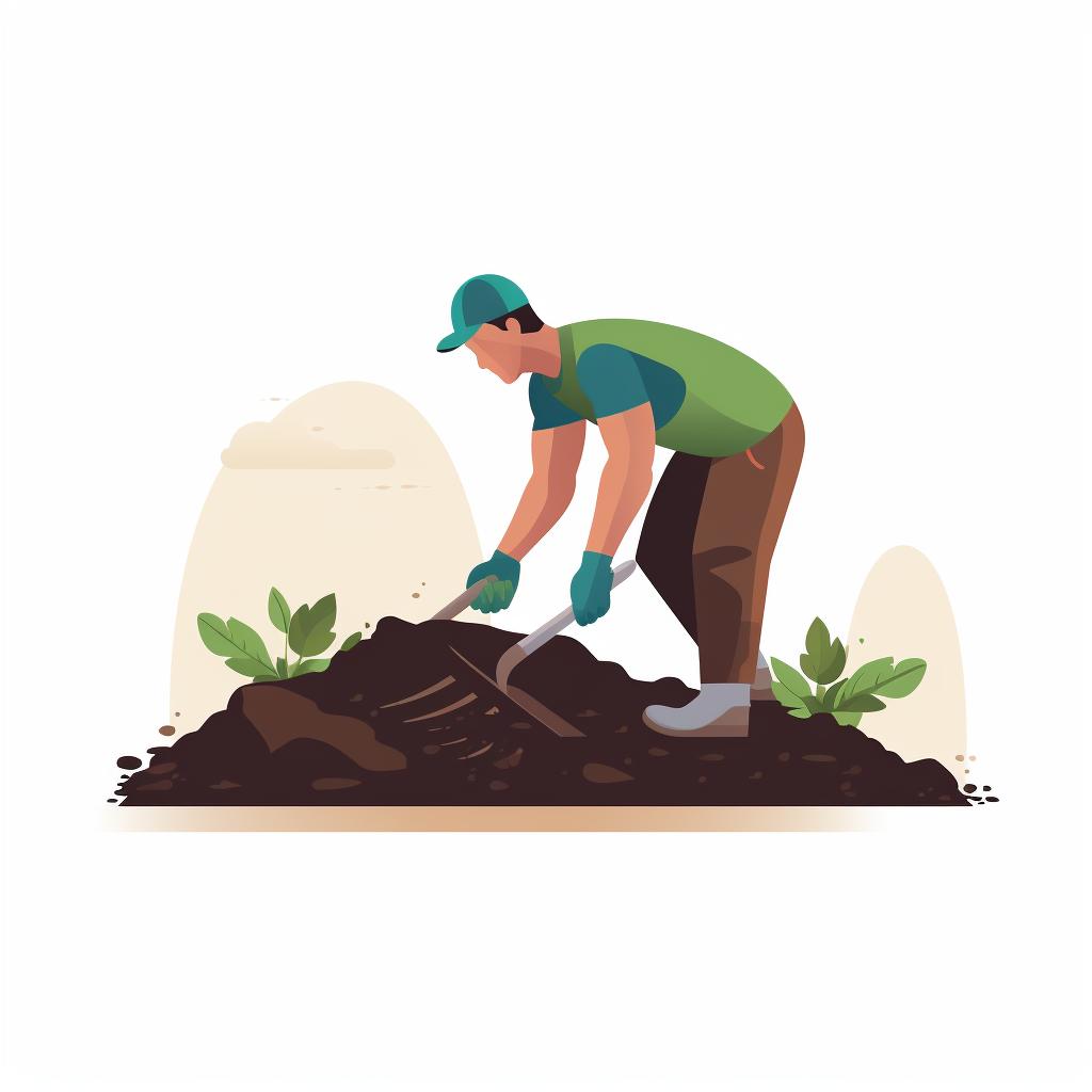 A person tilling soil and adding compost.