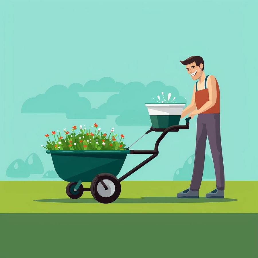 A person spreading fertilizer on a lawn using a broadcast spreader