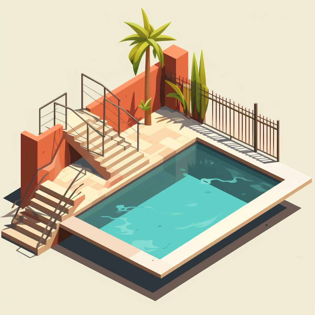A pool with shallow end, ramp, stairs, and a fence