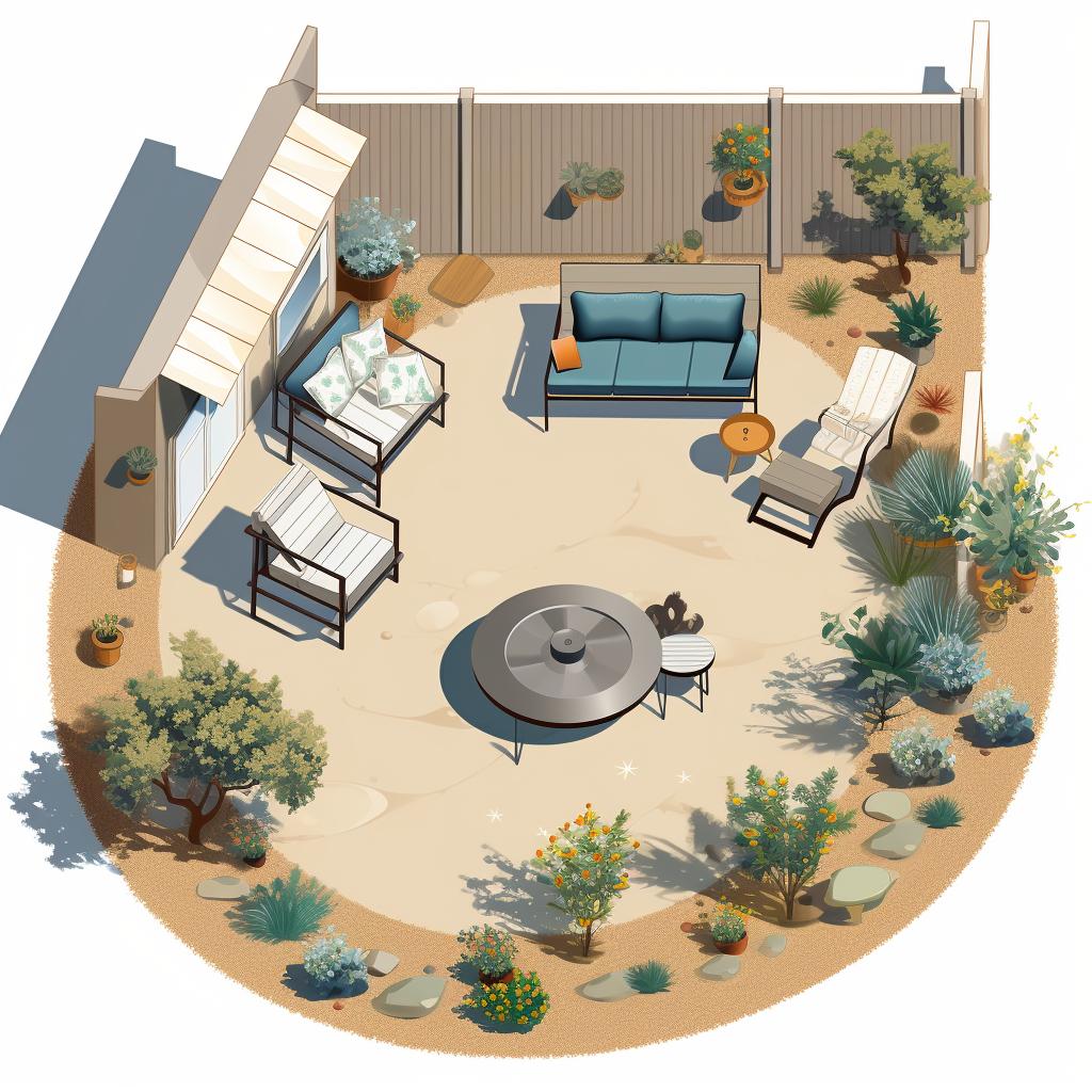 A xeriscaped yard with newly installed plants, shaded areas, and a drinking spot.