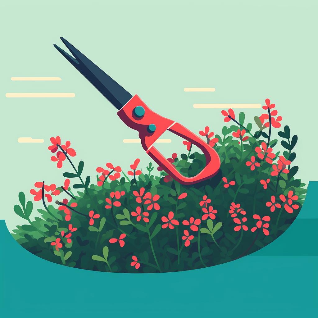 Pruning shears trimming a patch of Red Creeping Thyme.