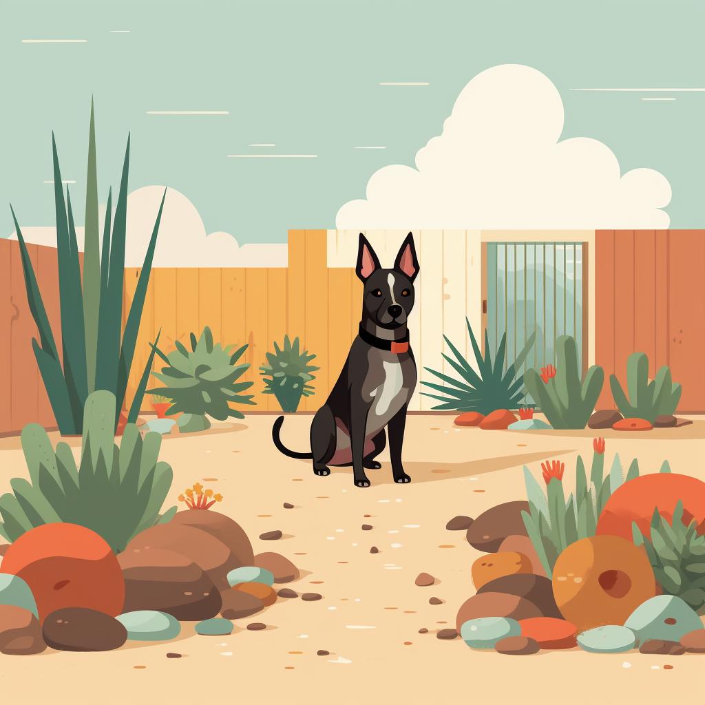 A dog exploring a newly xeriscaped yard.