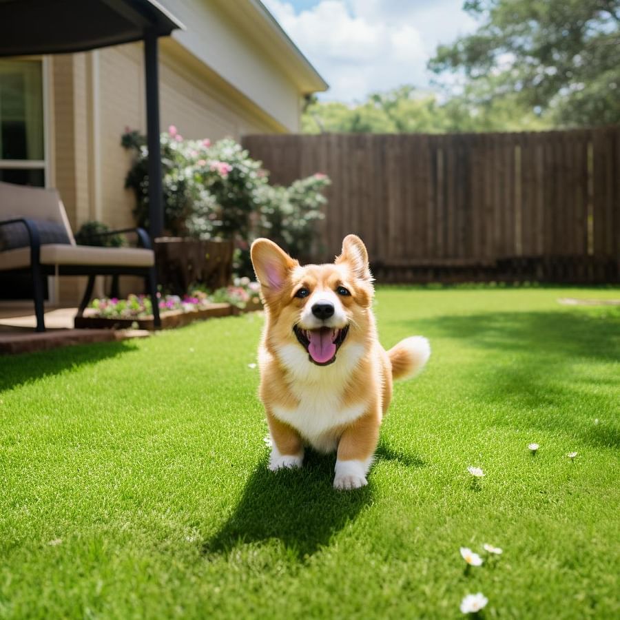 A happy dog playing on pet-friendly turf in a beautifully landscaped backyard
