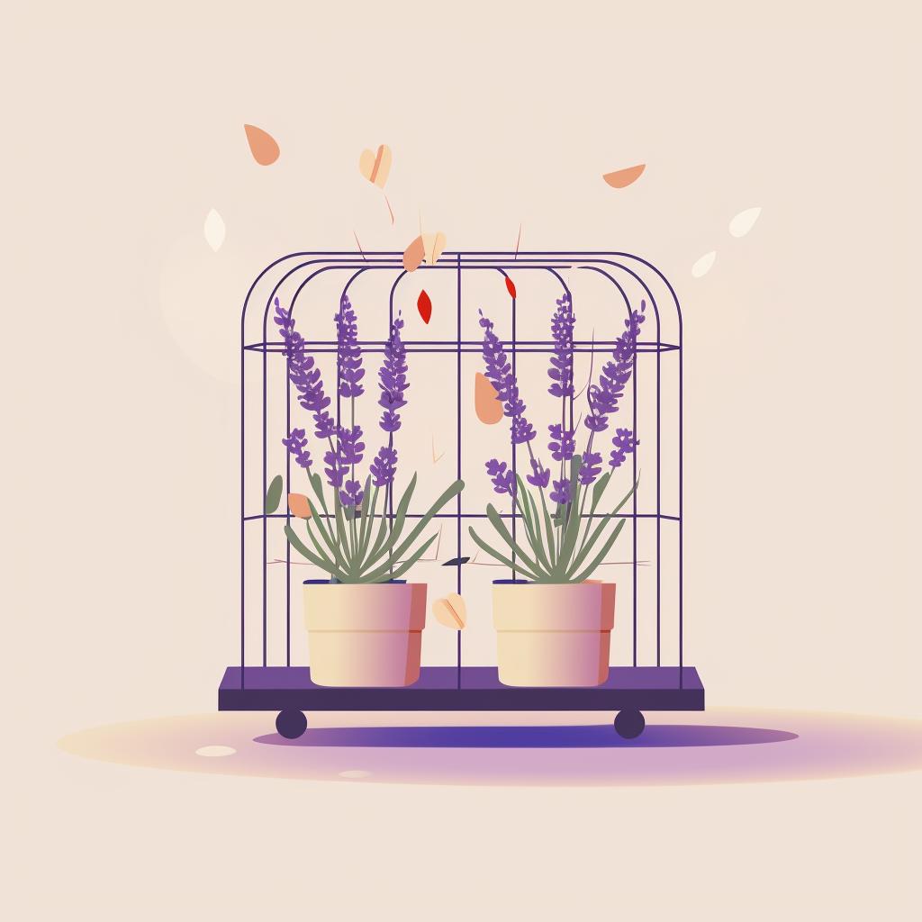 Plant cages protecting lavender plants