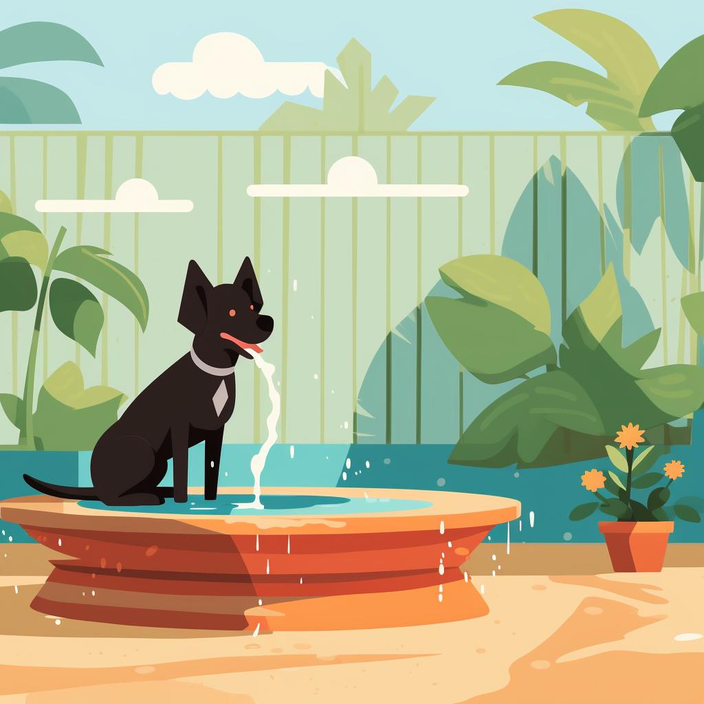A dog drinking from a pet fountain in a shaded area of a backyard.