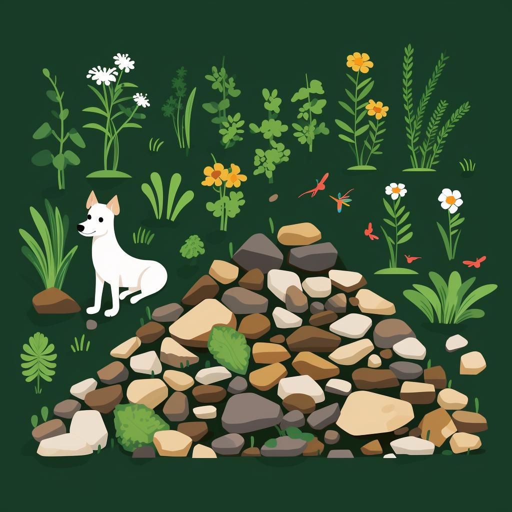 A variety of pet-friendly ground covers including clover, artificial grass, mulch, stone and gravel, and wood chips.