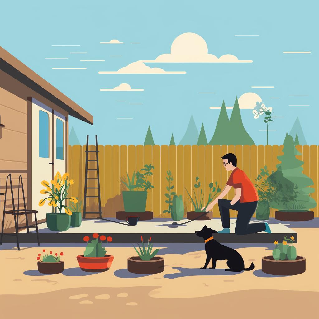 A person maintaining a pet-friendly backyard