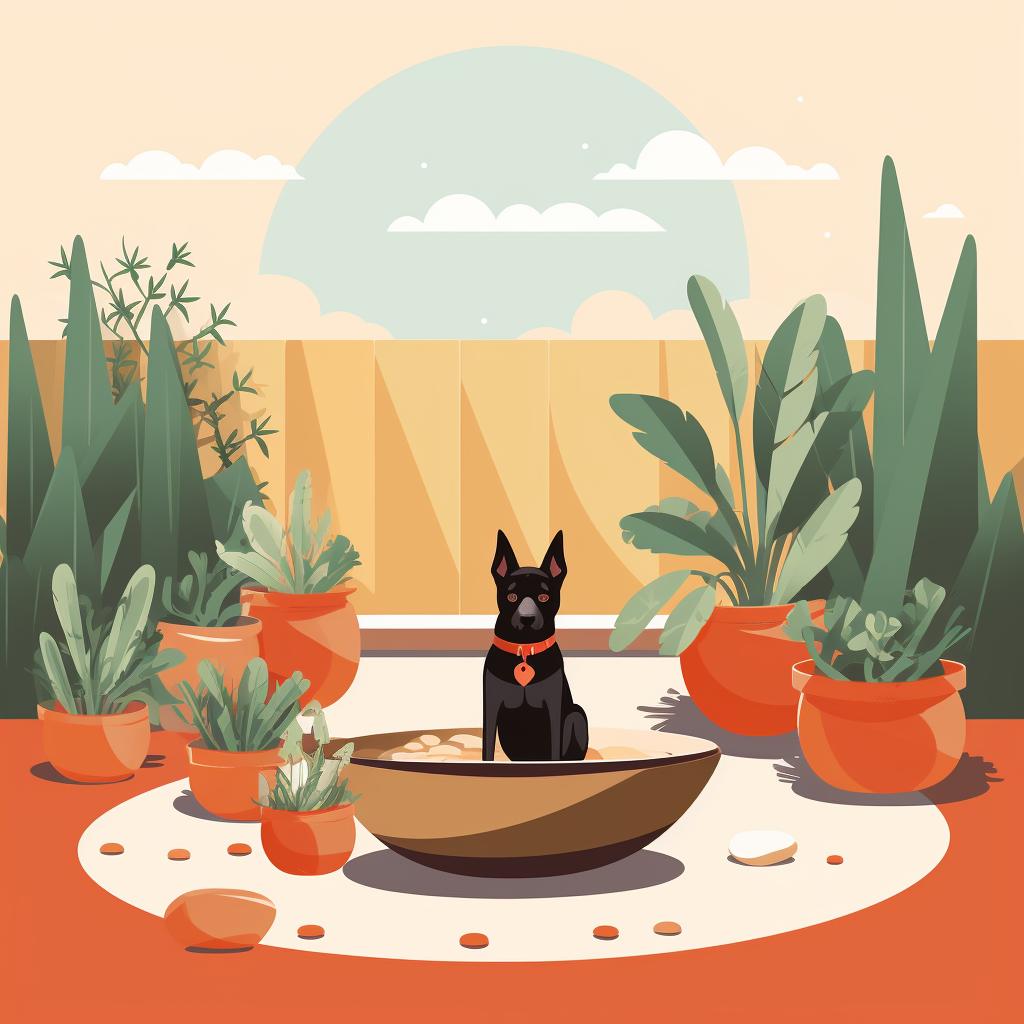 A pet-friendly garden with a shaded area and a water bowl.