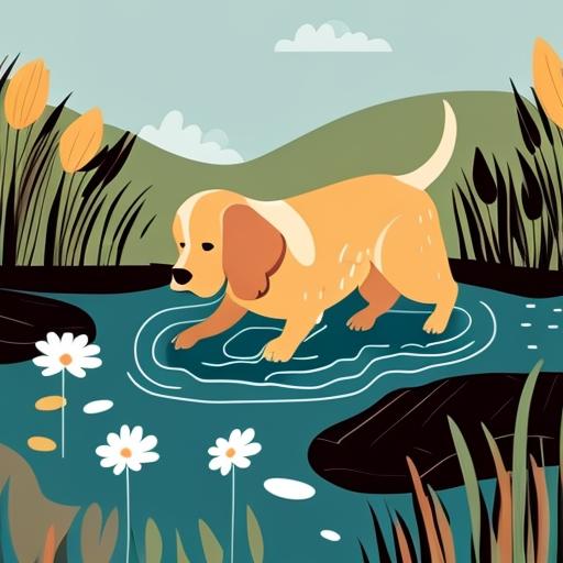 A dog playing in a shallow pond in a backyard