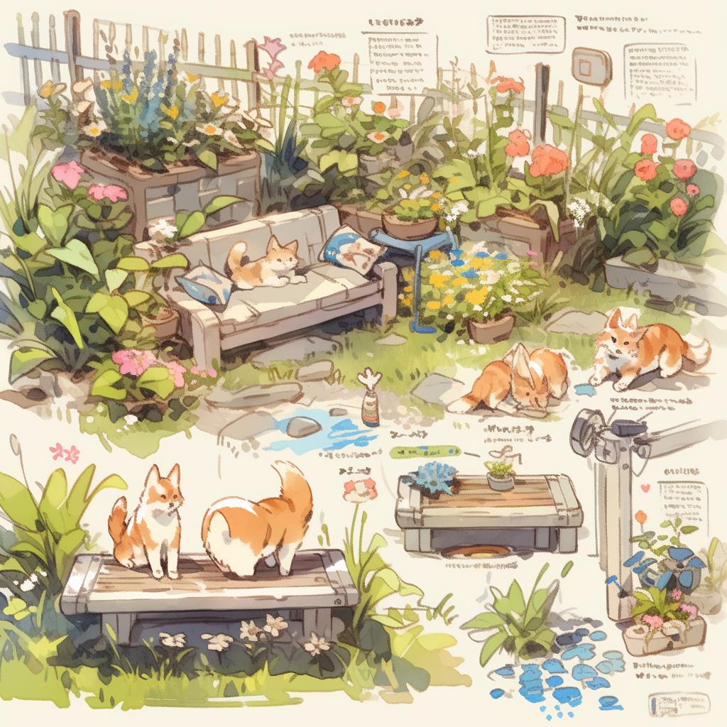 A garden layout sketch featuring various pet-friendly features